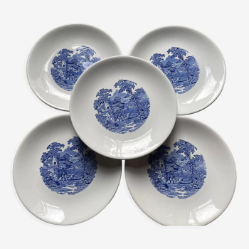 Lot de 5 assiettes plates Luneville KG décor paysage bleu