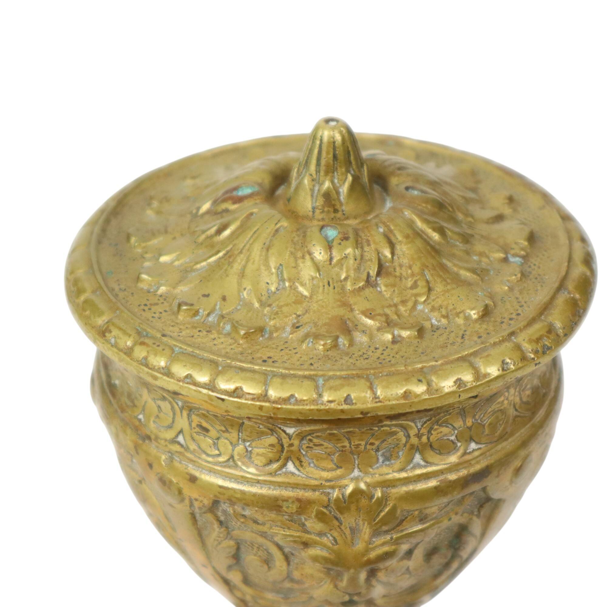 Old Brass Cup Goblet with Lid Mythical Figure 14cm