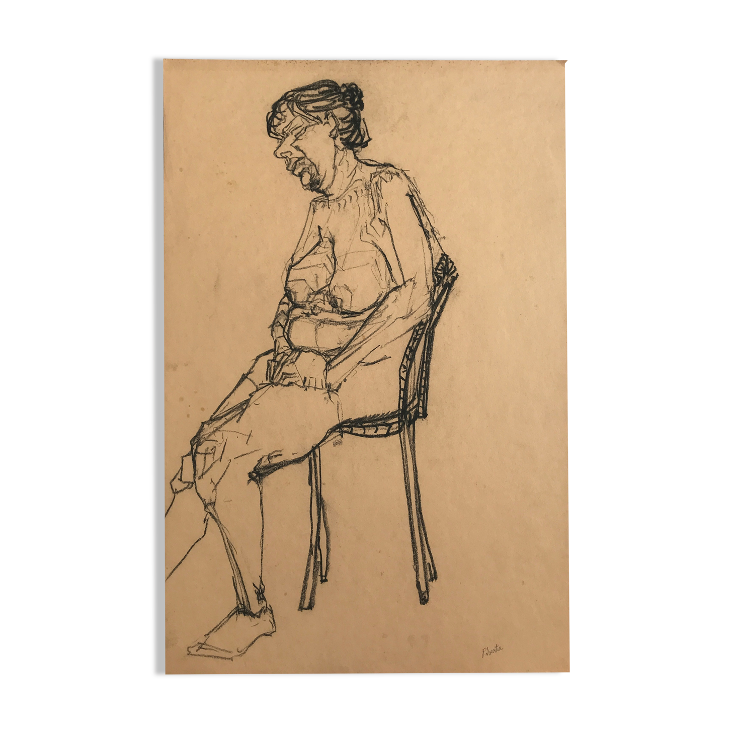 Charcoal sketch on paper by robert haisley, model study, sleepy on a chair