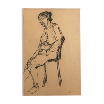 Charcoal sketch on paper by robert haisley, model study, sleepy on a chair
