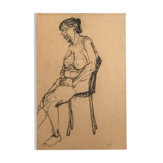 Croquis au fusain sur papier de robert haisley, etude de modèle, assoupie sur une chaise