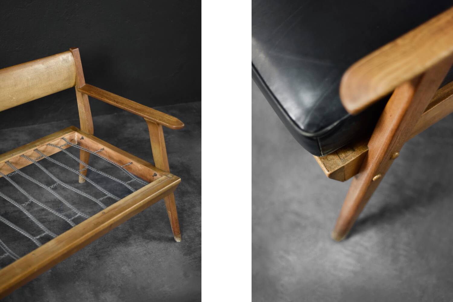 Vintage Mid-Century German Modern Oak & Black Leather Sofa, 1960s