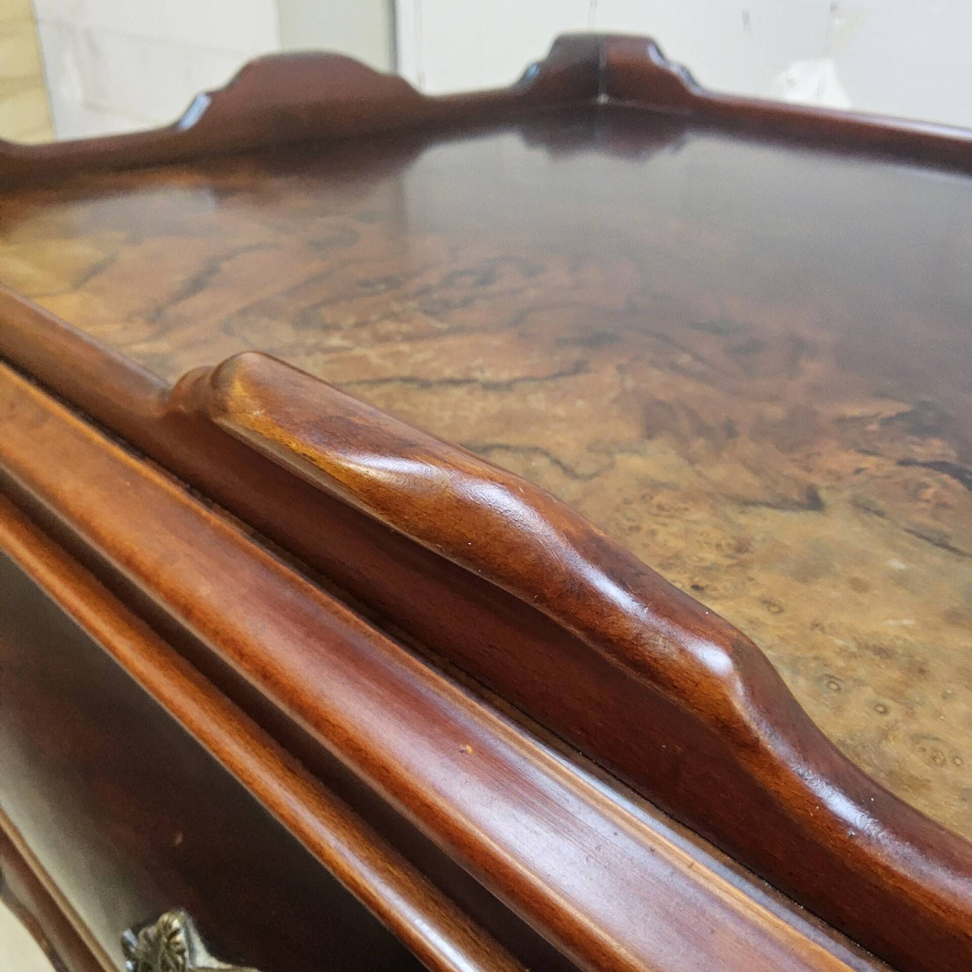Antique walnut side table / tea table with drawer, shelves