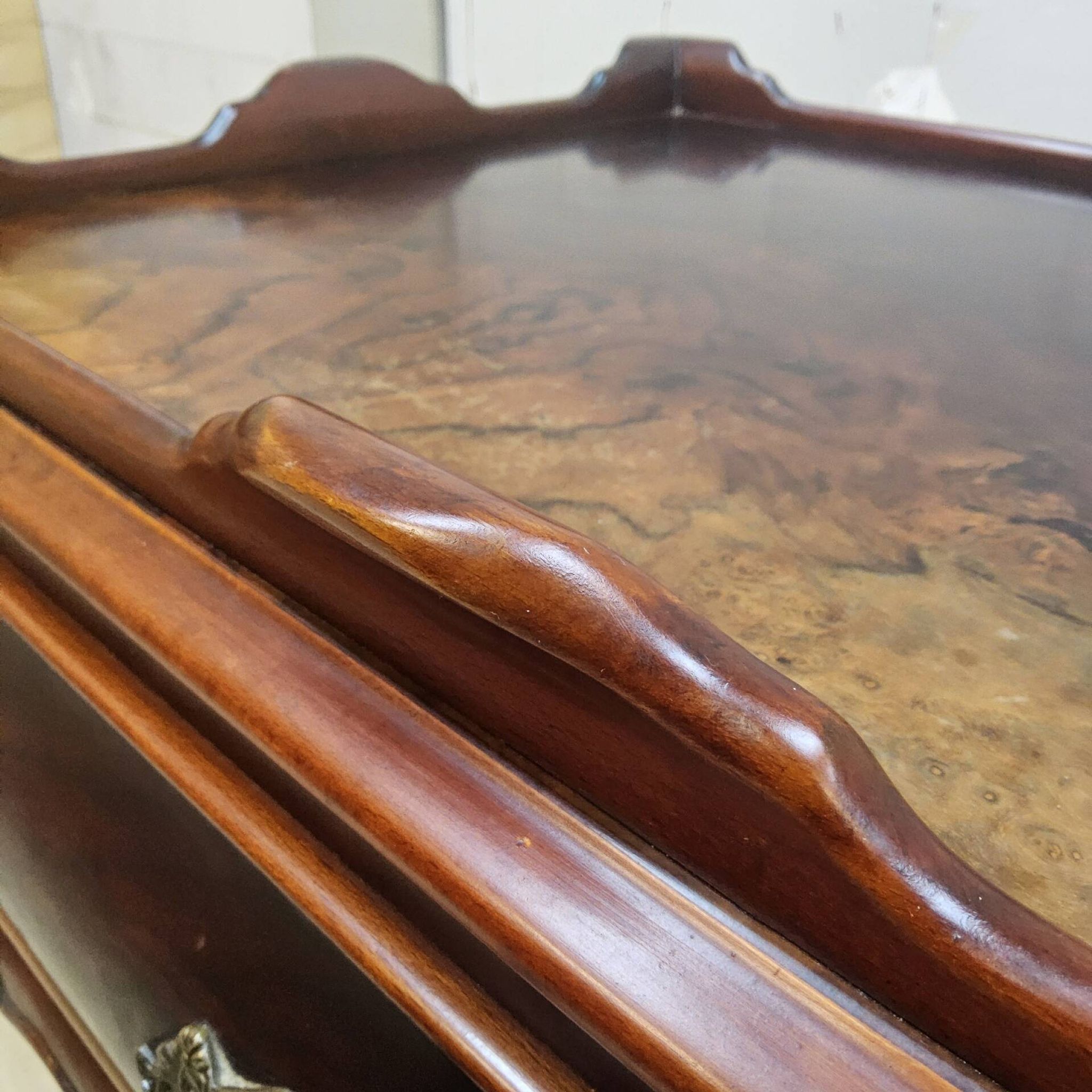 Antique walnut side table / tea table with drawer, shelves