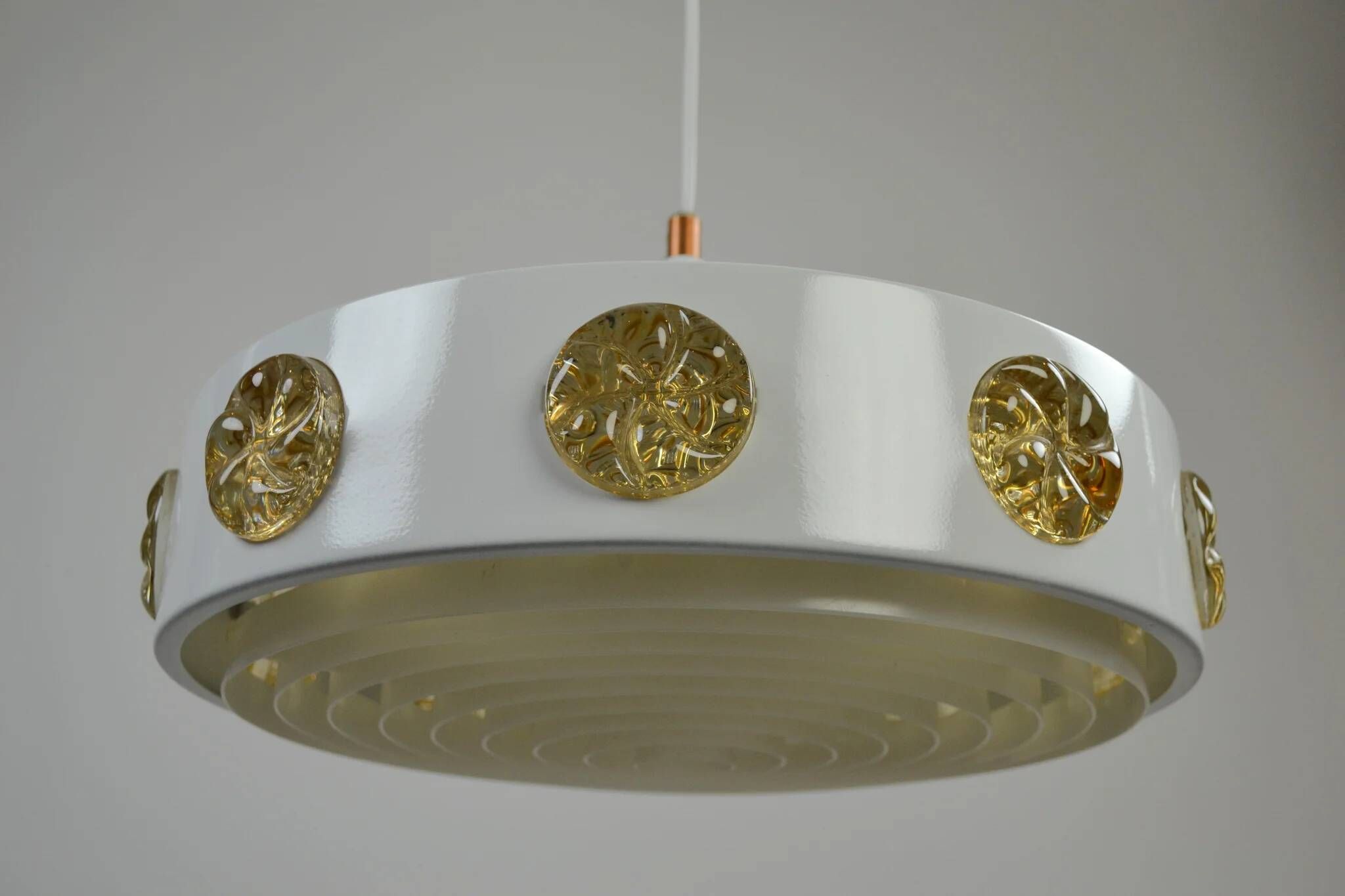 Pendant Lamp with Amber Glass Medallion Inserts — Vitrika, Denmark, 1960s