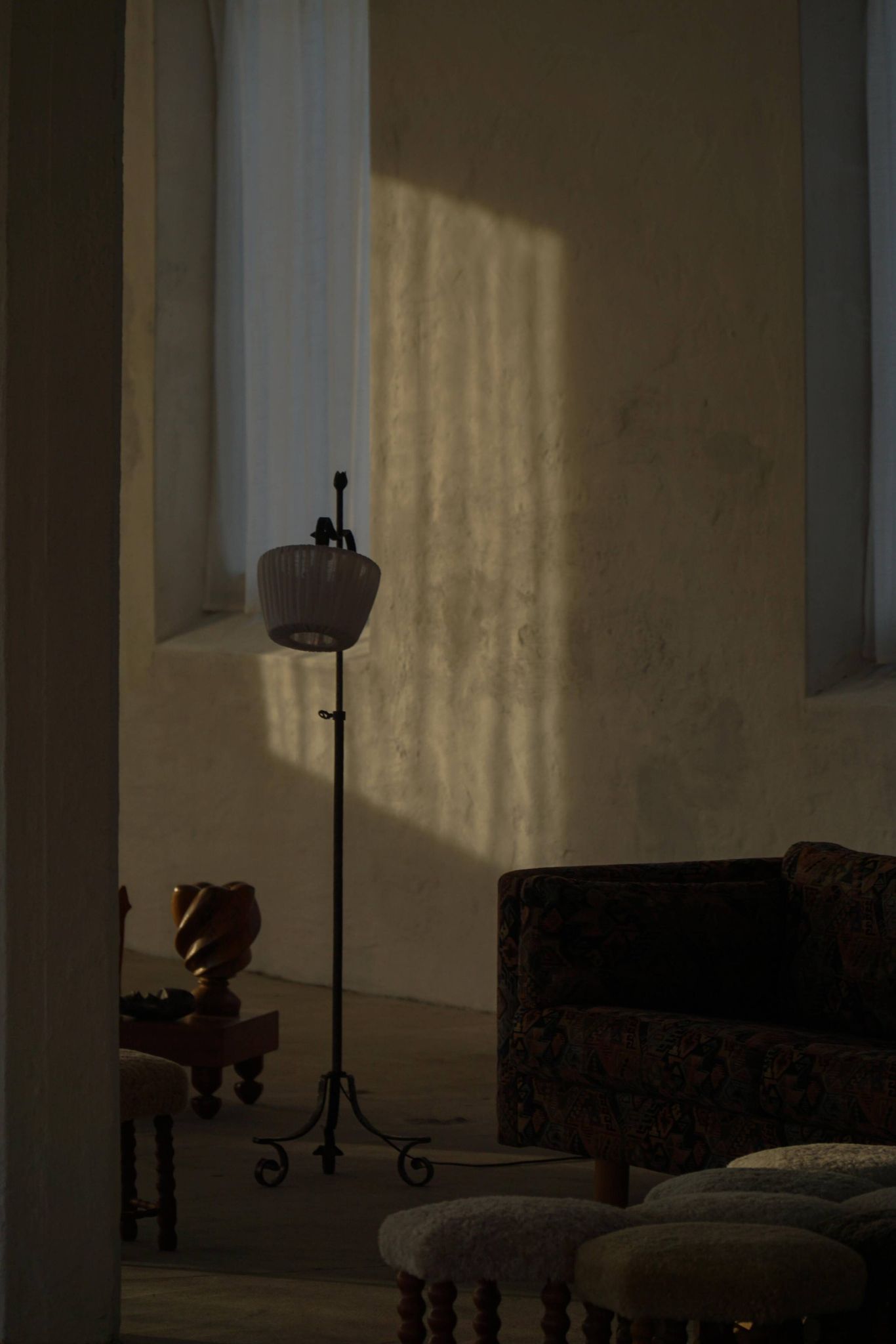 20th-century wrought iron floor lamp with swirling detail, Danish Art Deco.