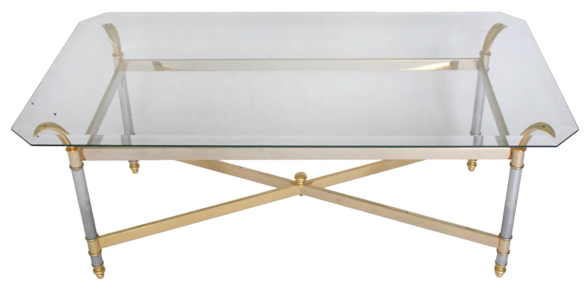 Coffee table in gold brass and chrome metal.