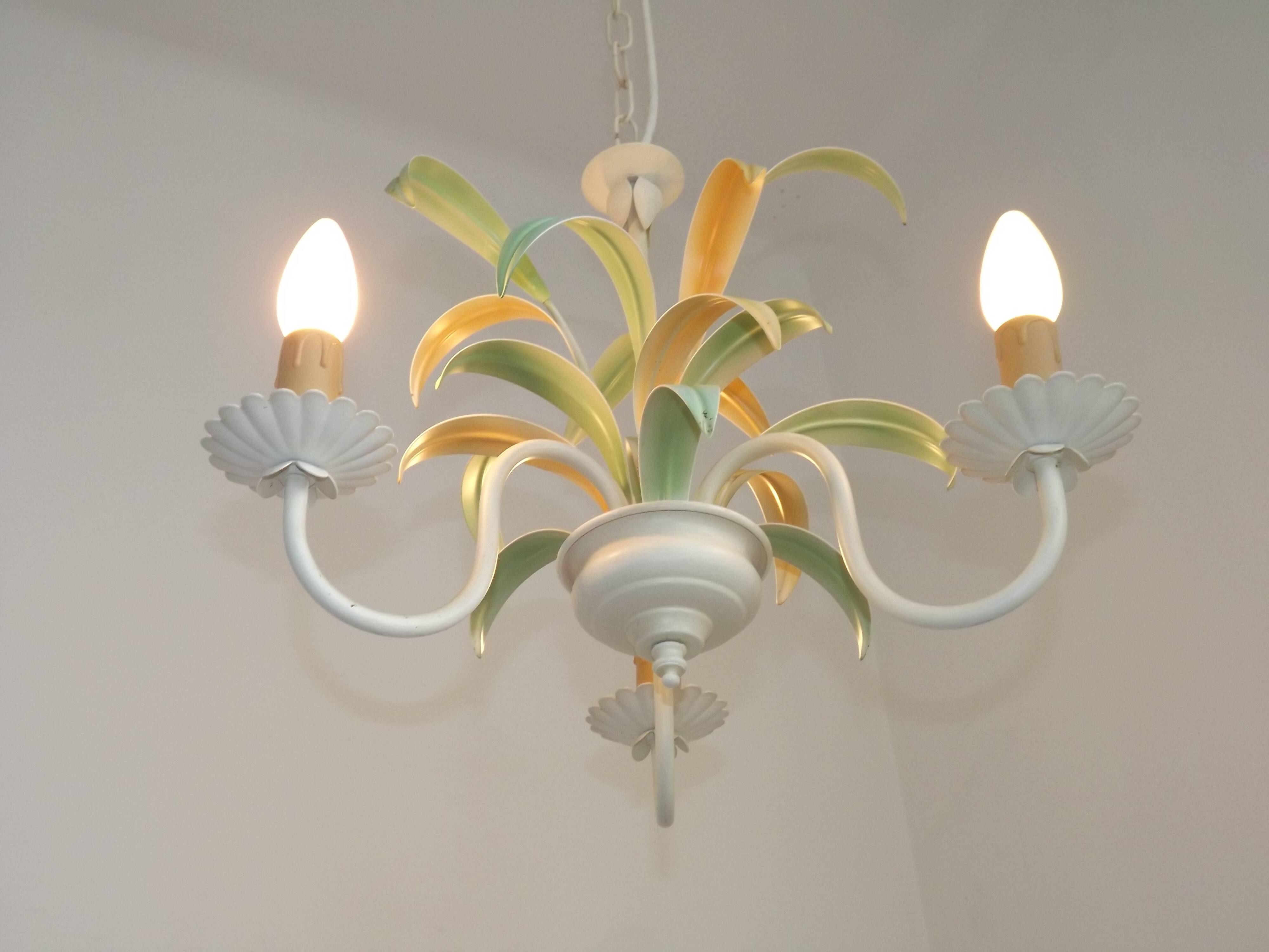 French Vintage Cream 3 Light Chandelier Green and Peach Leaves