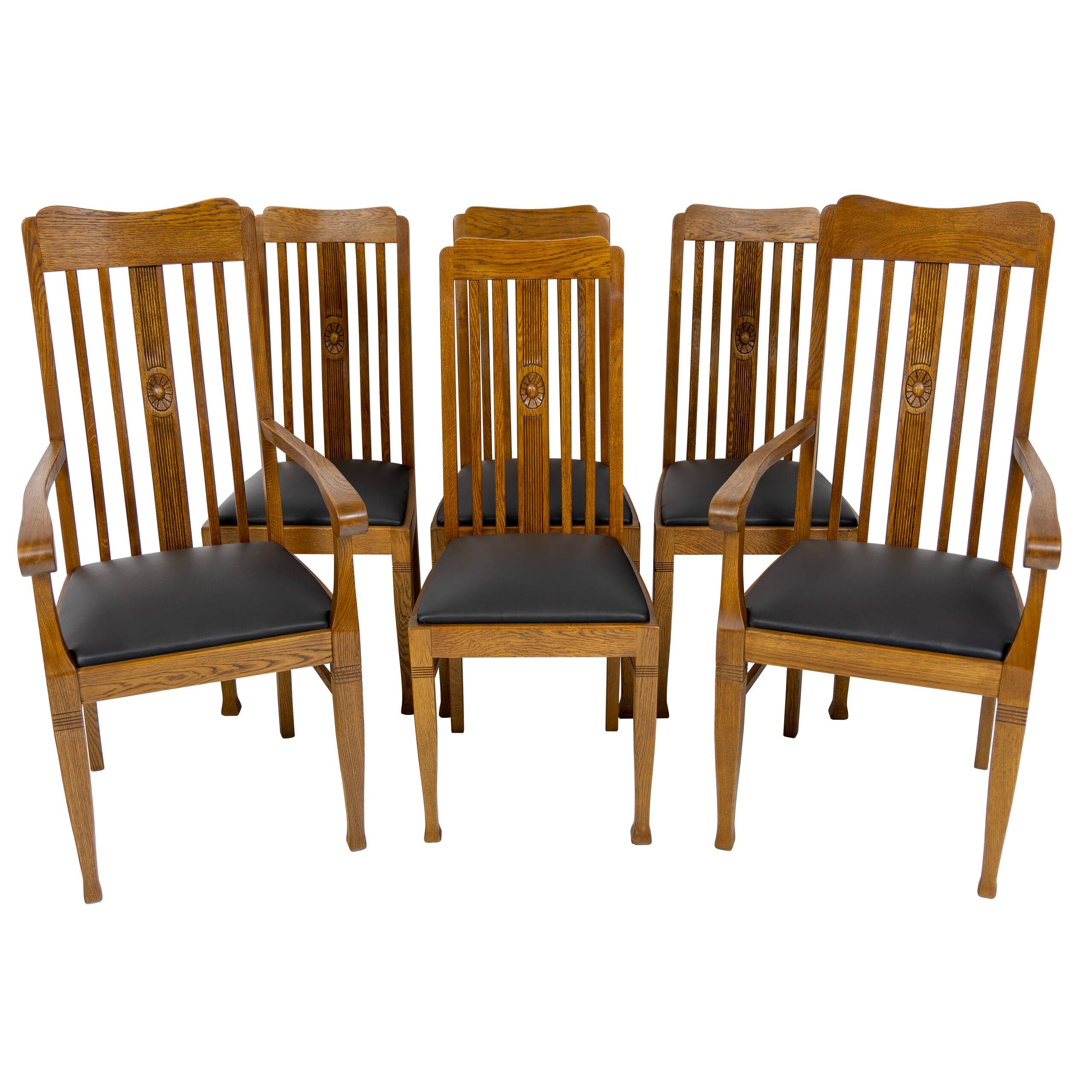 Set of 6 Art Nouveau chairs and armchairs in oak and leather.