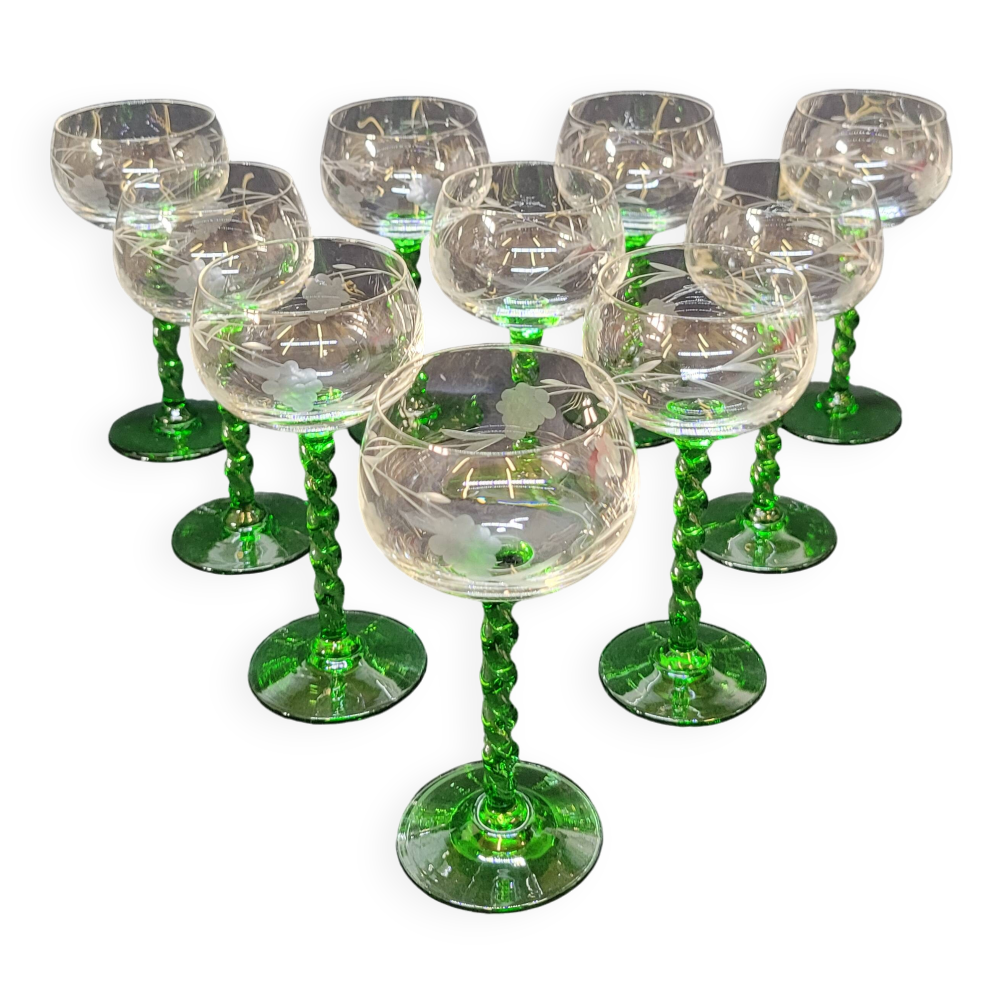 10 alsace white wine glasses in cut crystal with twisted green foot