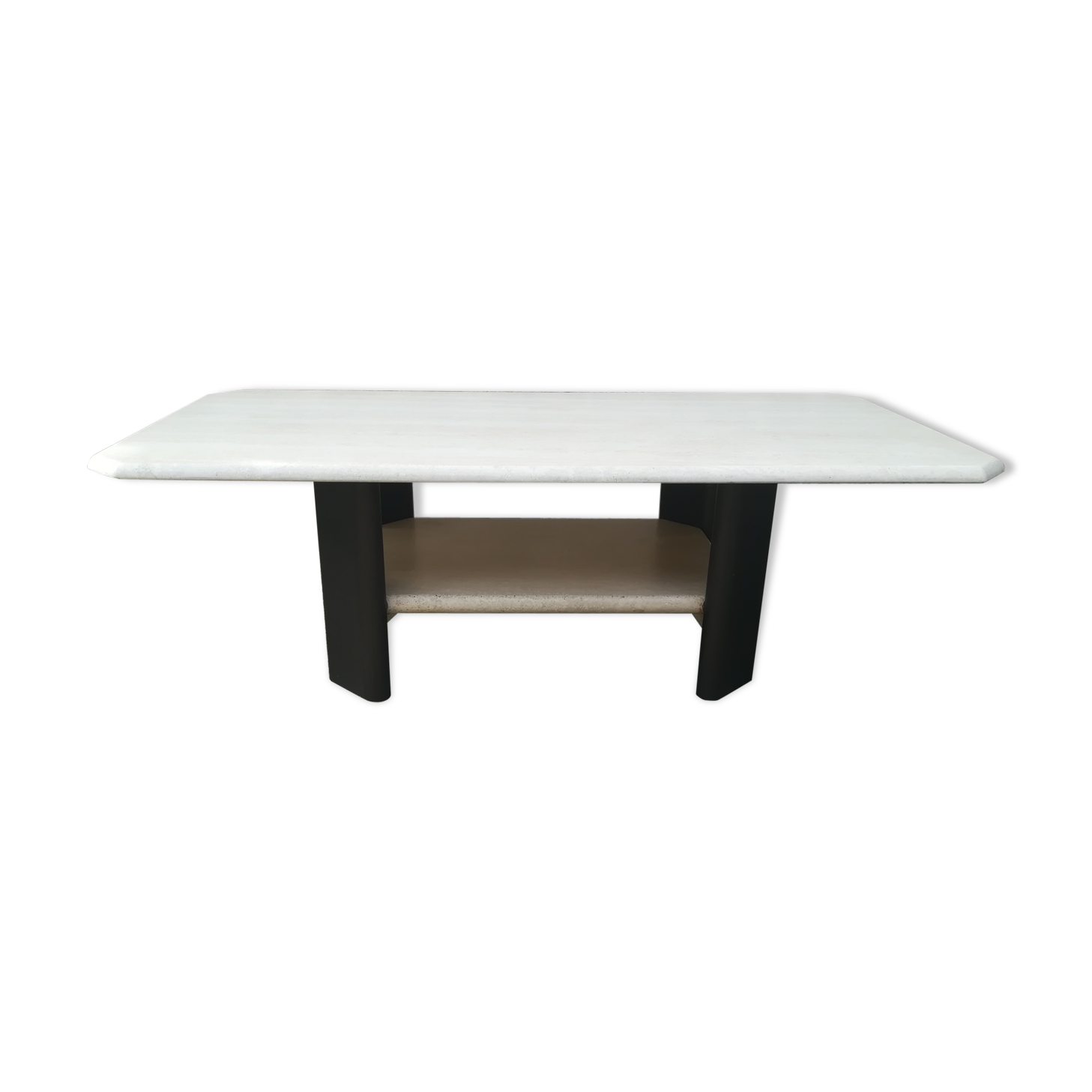 Low table in travertine and aluminium