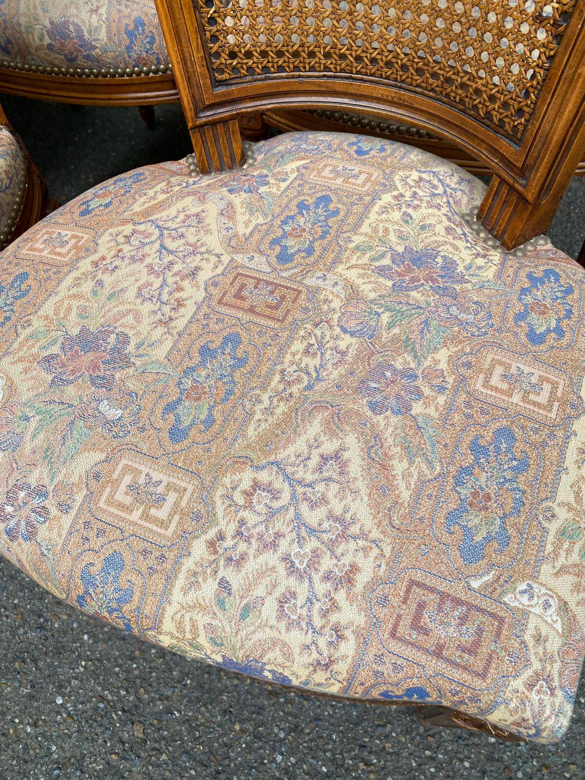 Set of 6 Louis XVI style chairs with caned backs and 70s jacquard fabric.