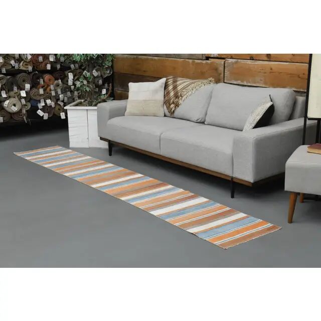 Vintage Turkish Hand-Knotted Wool Cotton Orange Runner Rug 55x319