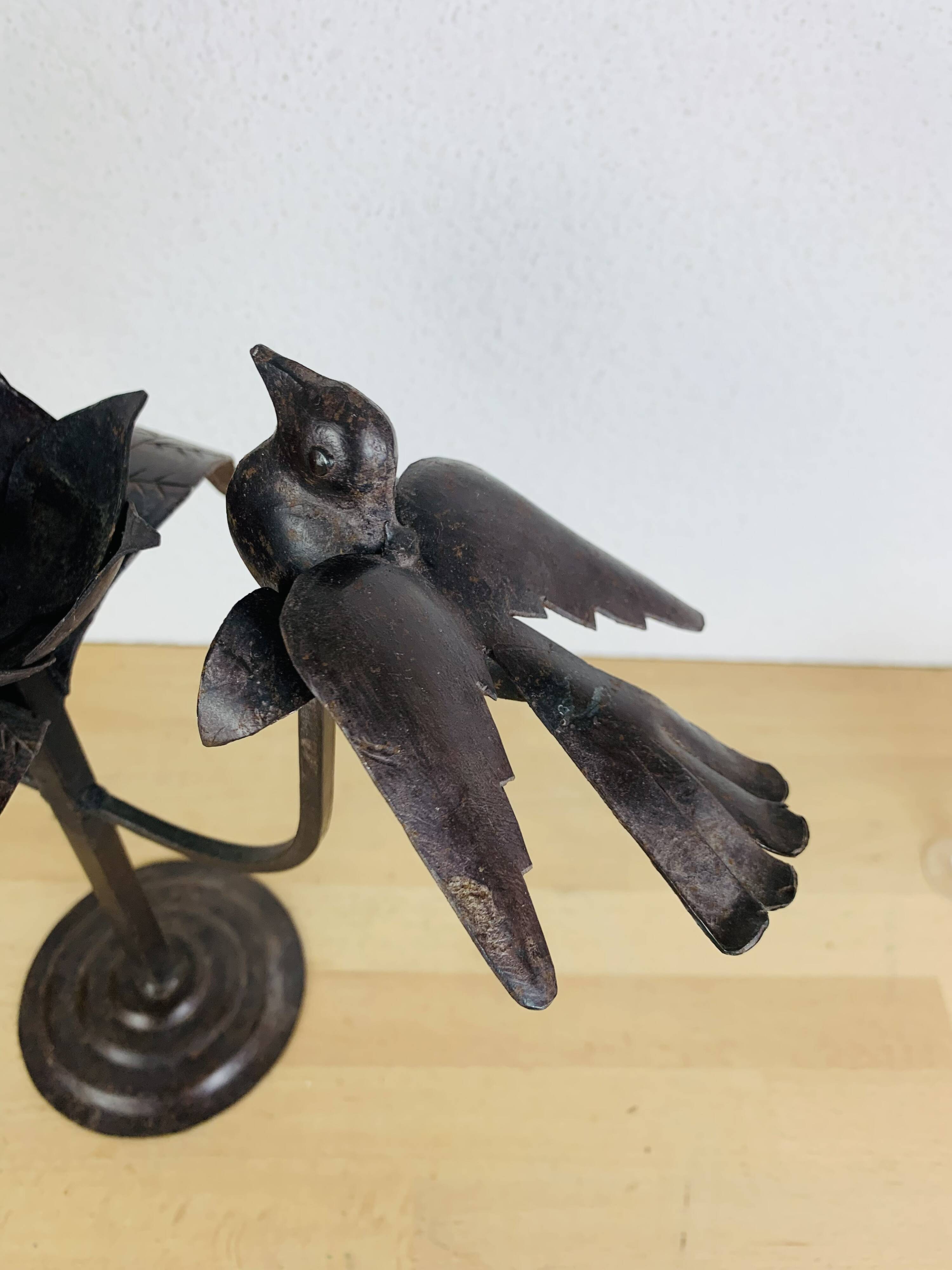 Brutalist wrought iron candle holder with birds