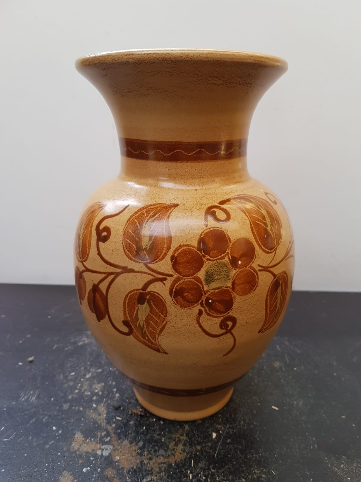Beige ceramic vase with vintage brown flower decor