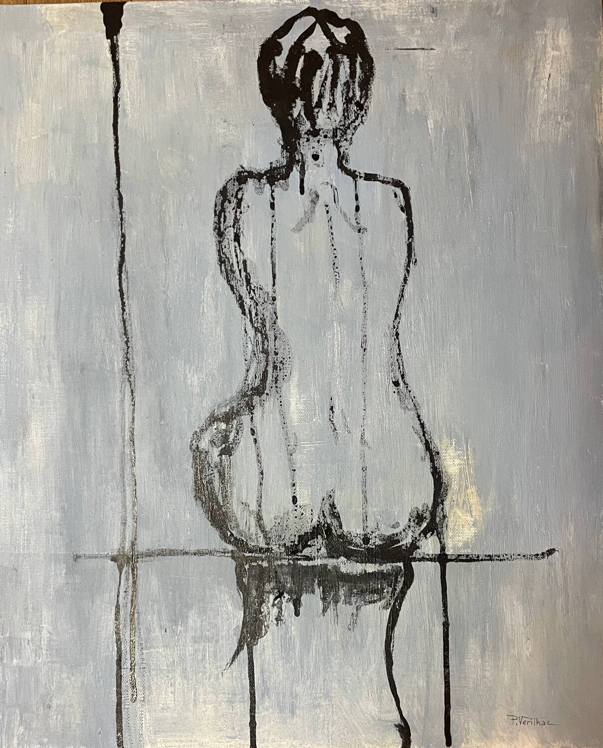 Signed oil on canvas painting of a female portrait "back study in Indian ink"