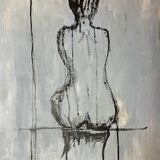 Tableau signé huile sur toile portrait féminin « étude de dos à l’encre de Chine »