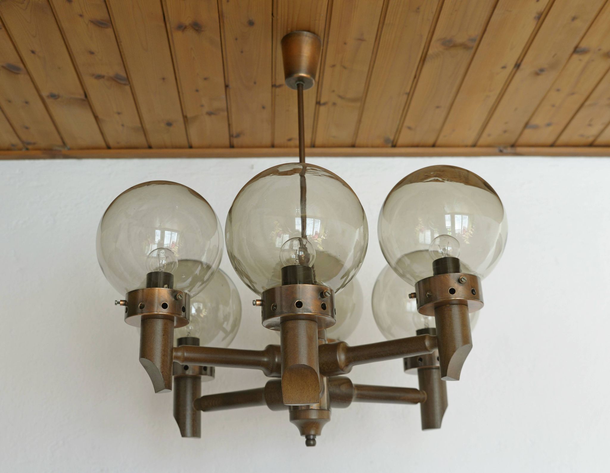 Lustre 6 lumières vintage en bois