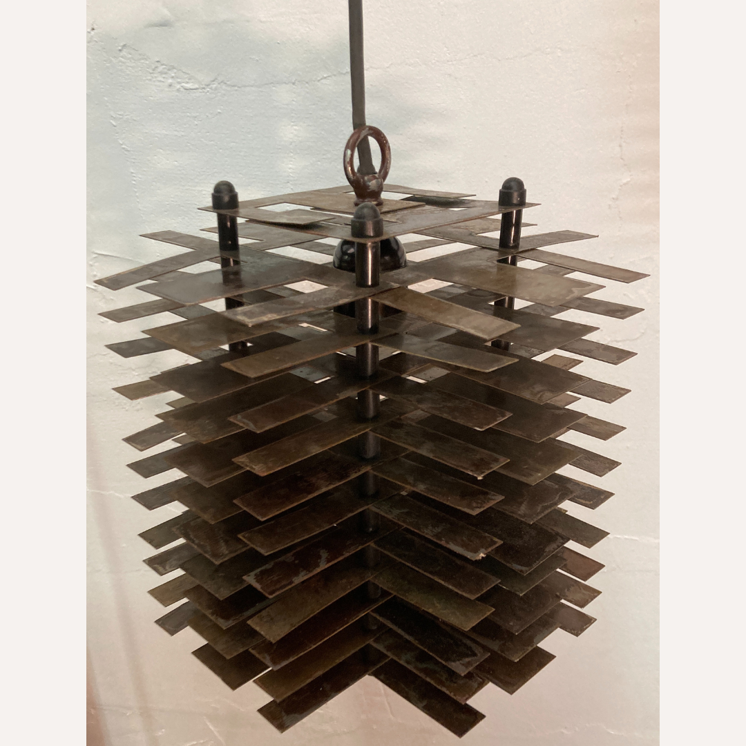 Pair modernist brutalist copper metal architectural hanging lamps, France