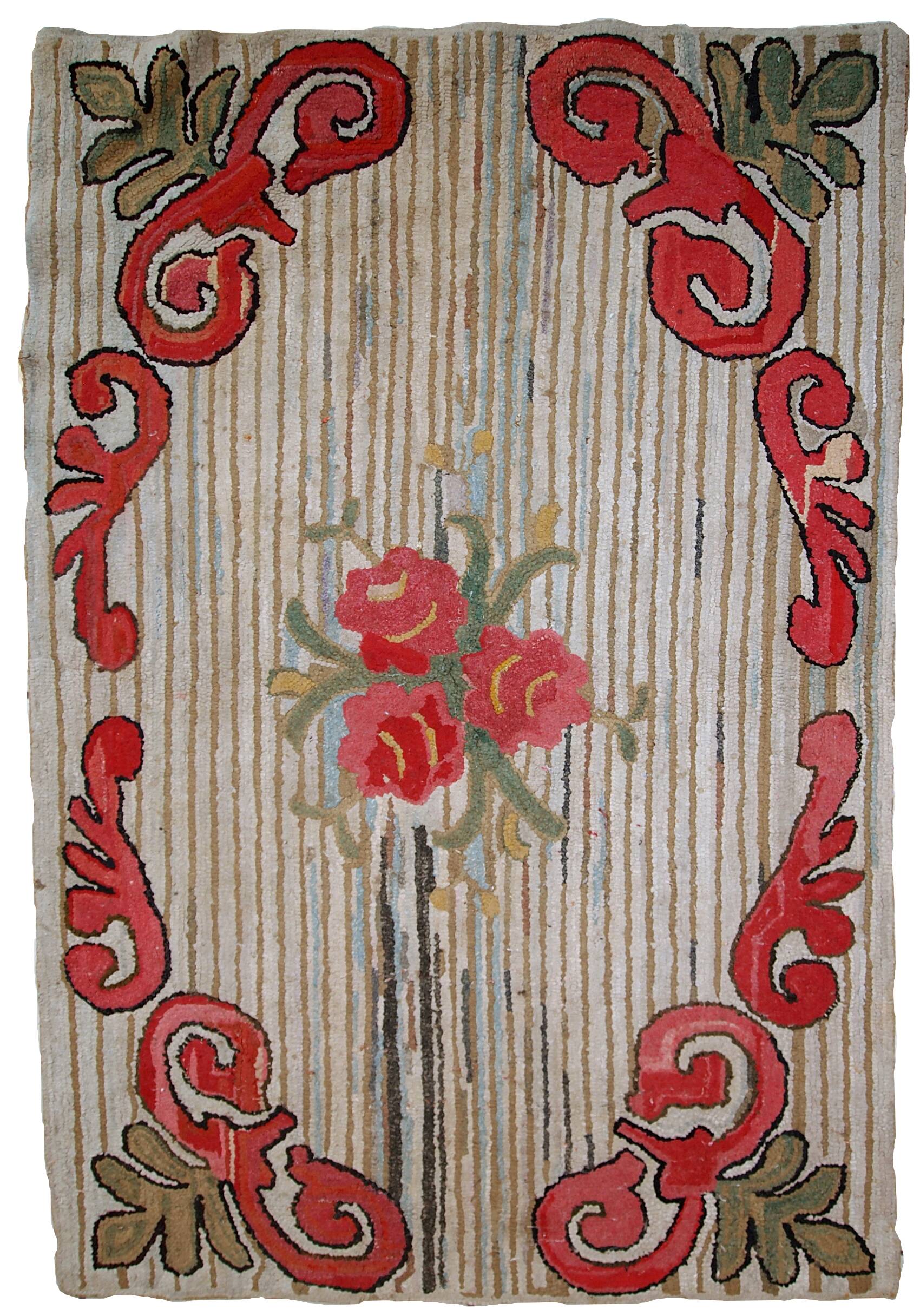 Tapis Hooked Antique Américain, Années 1920, Élégance Florale
