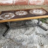 Coffee table with chrome legs and ceramic & wood top, vintage 70s