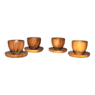 Set of 4 vintage mushroom egg cups in olive wood 4.5cm