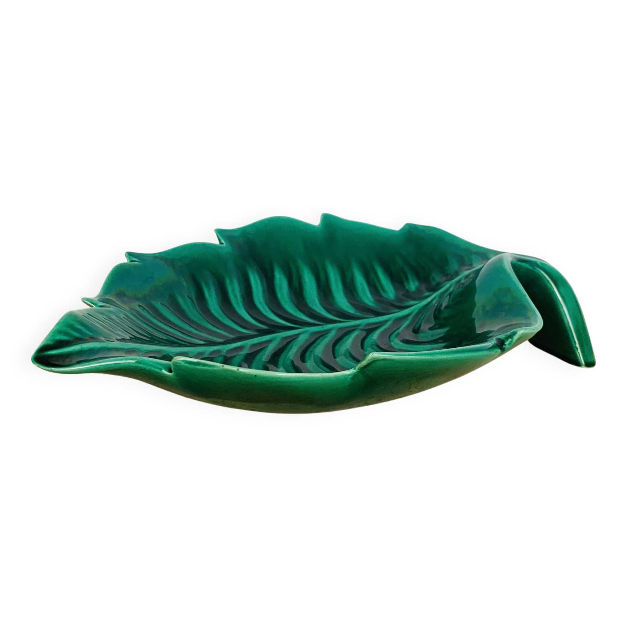 Ceramic cup signed CAB, green leaf, 1950s, slip