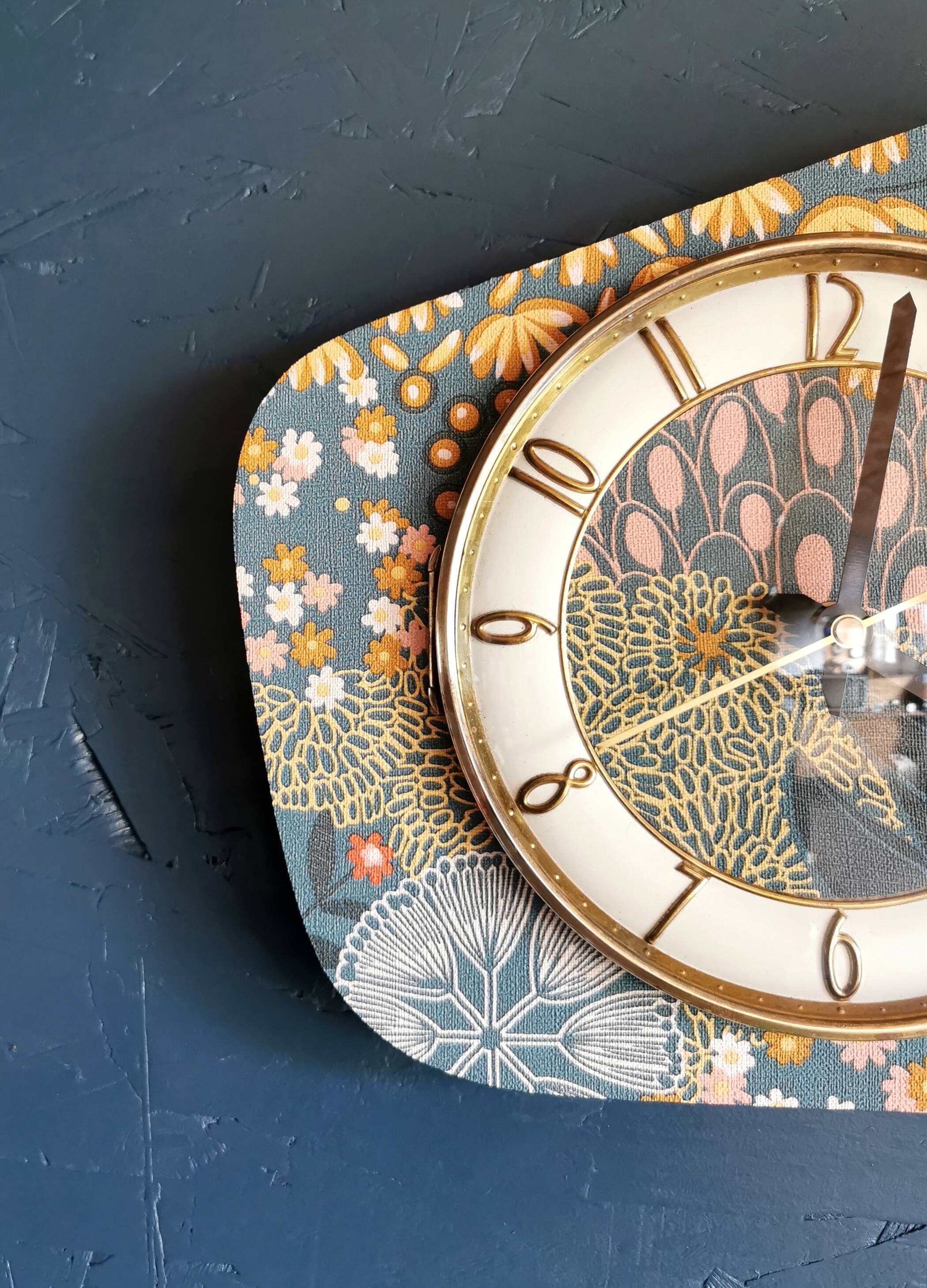 Vintage formica clock silent asymmetrical wall pendulum "Pink ocher blue"