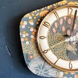 Vintage formica clock silent asymmetrical wall pendulum "Pink ocher blue"
