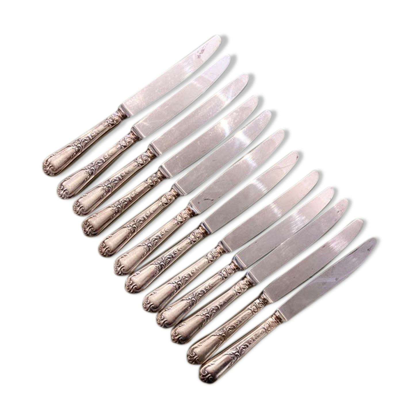 Series of 12 silver metal table knives, Ercuis Goldsmith