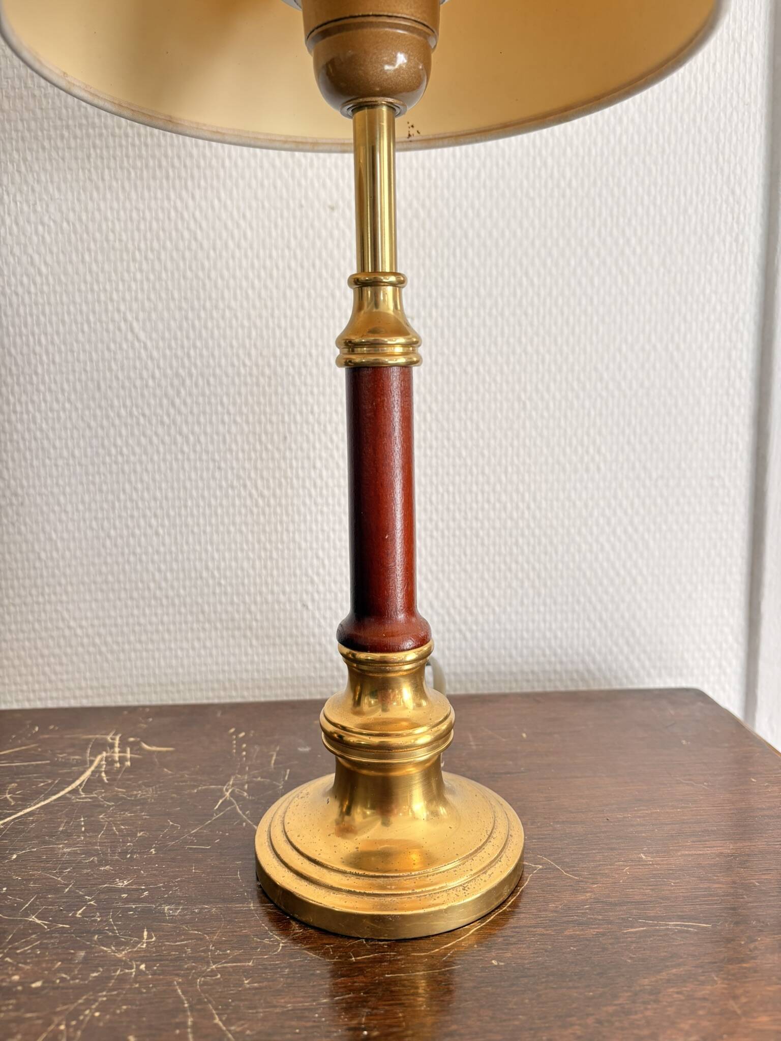 Pair of Brass-Gilded Bouillotte Lamps Vintage Wood Neo-Classical Shade