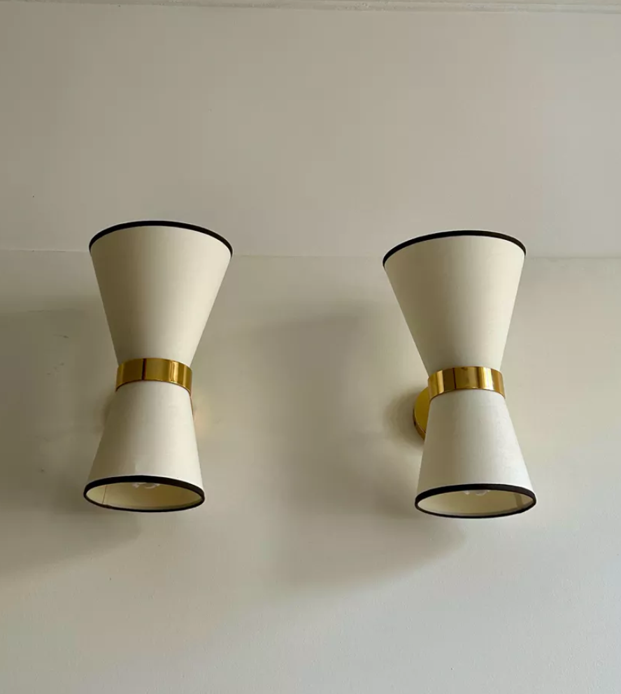 Pair of vintage wall lamps, solid brass and unbleached fabric, Italy 1980