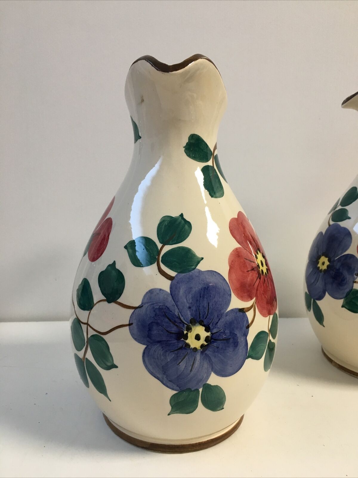 Pair of pitcher vases with spout handle deco numbered flower