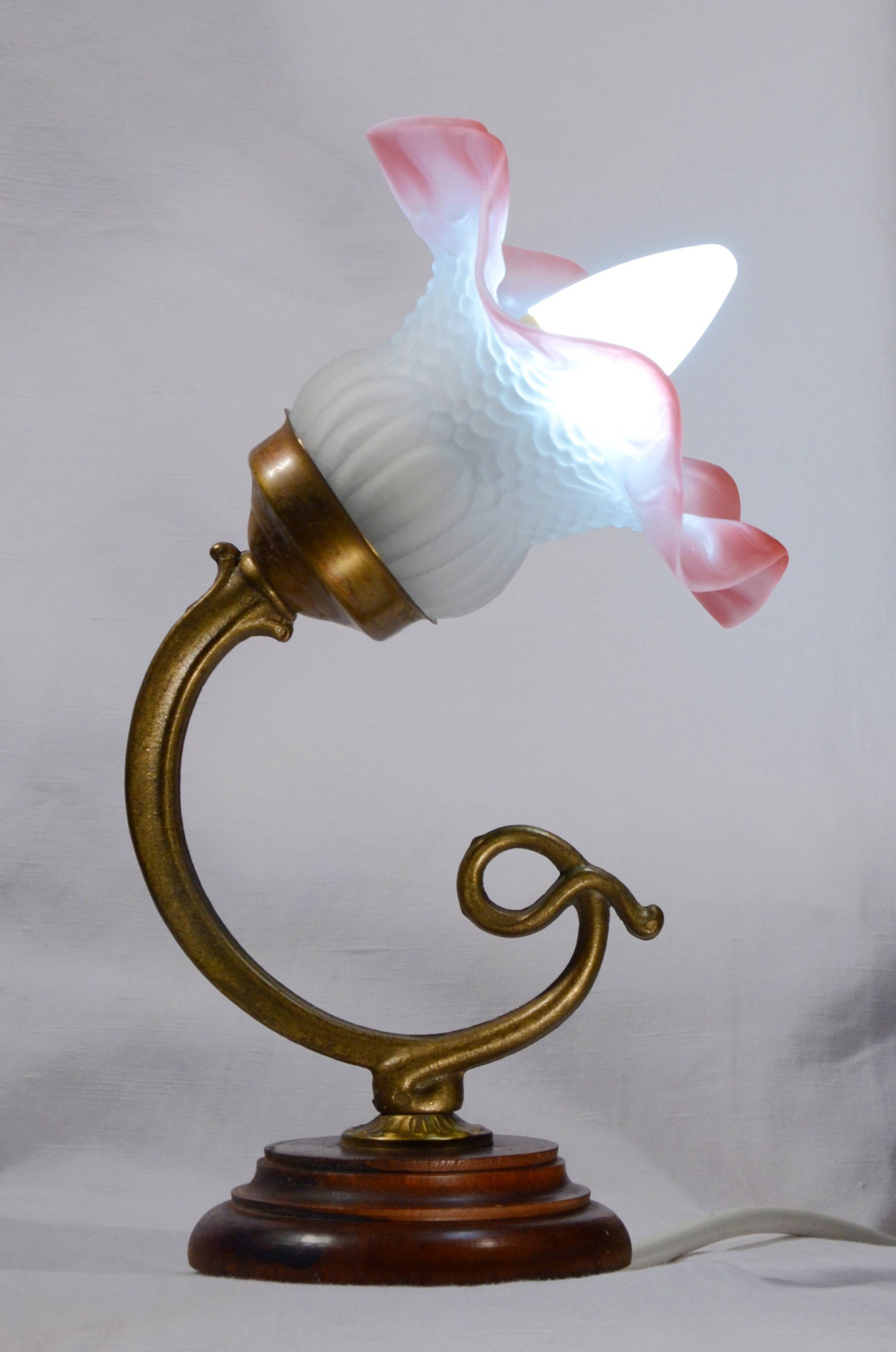 Set of 2 tulip-shaped wall lights in glass, wood, and bronze, art deco style.