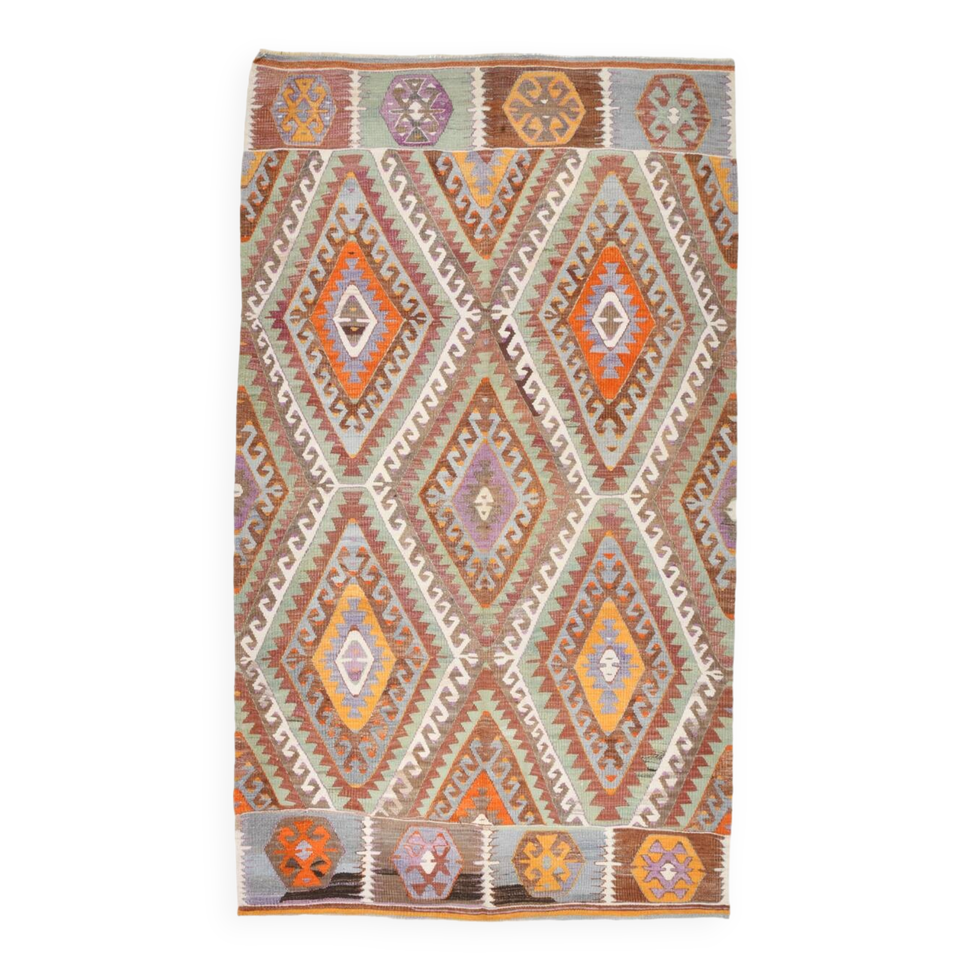 5x8 Green & Orange Tribal Vintage Kilim Rug, 146x255Cm SK 33083