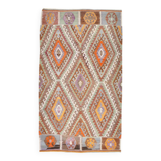 Tapis Kilim tribal vintage vert et orange 5x8, 146x255 cm SK 33083