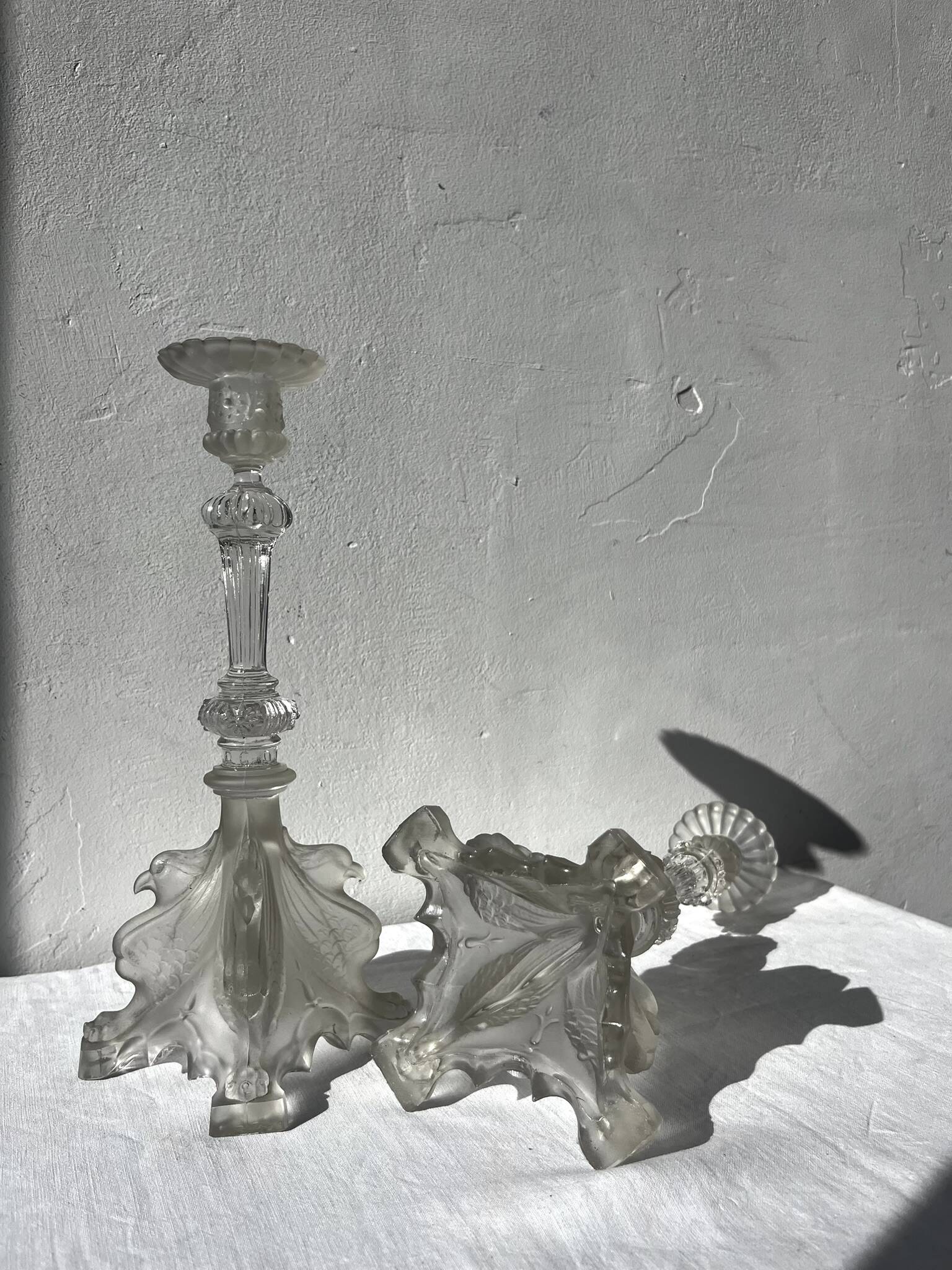 Pair of Griffon candlesticks in Val Saint Lambert crystal, Belgium.
