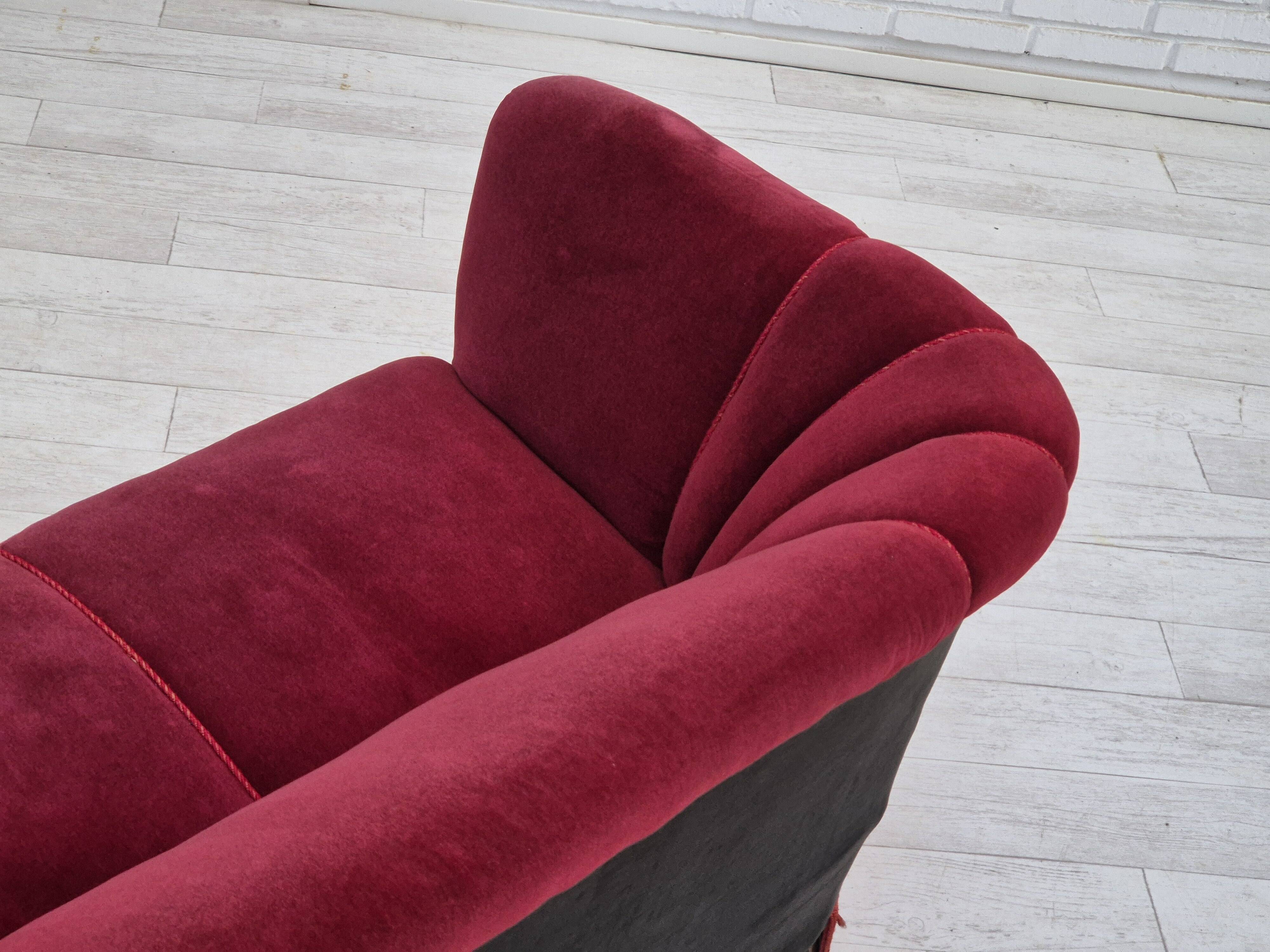 1960s, Danish 3 seater sofa, original condition, cherry-red furniture velour.