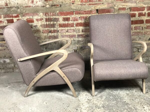 Fauteuils en chêne brut courbé et tissus chiné tissé beige et marron