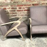 Chairs (pair) in curved rough oak and beige and brown woven mottled fabrics
