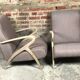 Chairs (pair) in curved rough oak and beige and brown woven mottled fabrics