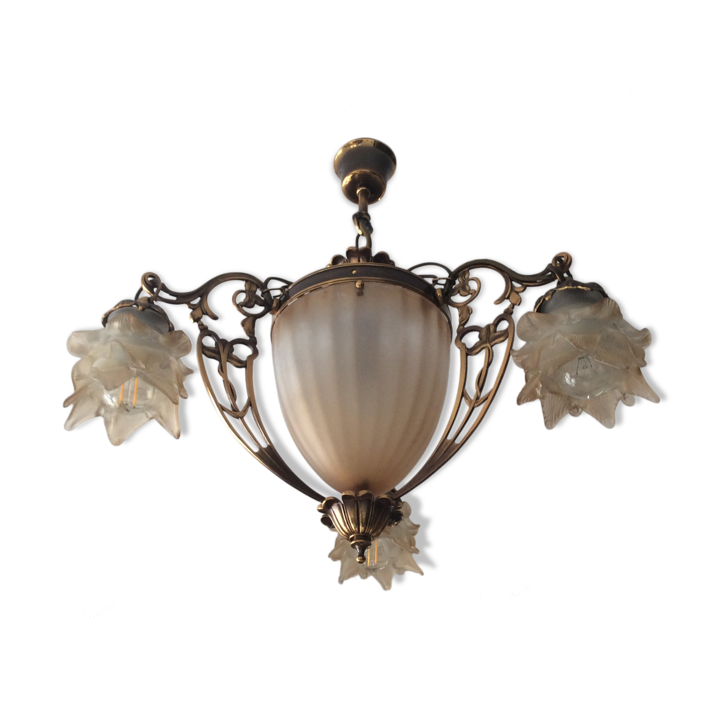 Old Art Deco style chandelier in bronze 4 fires