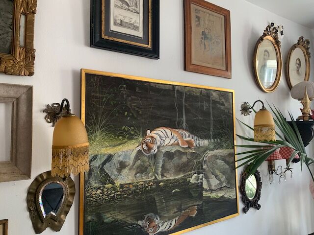 Pair of vintage wall lamps, glass paste and fringes, art deco, XXth