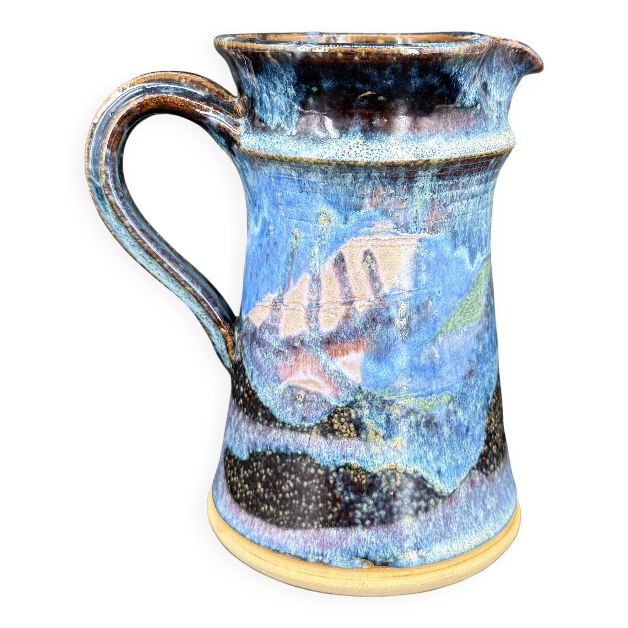 Blue foam glazed stoneware pitcher—Signed art ceramic