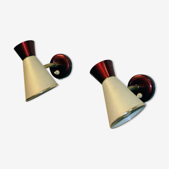 Swedish beige and red metal vintage pair of cone wall sconces by 1950s