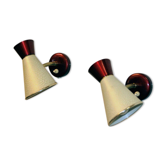 Swedish beige and red metal vintage pair of cone wall sconces by 1950s