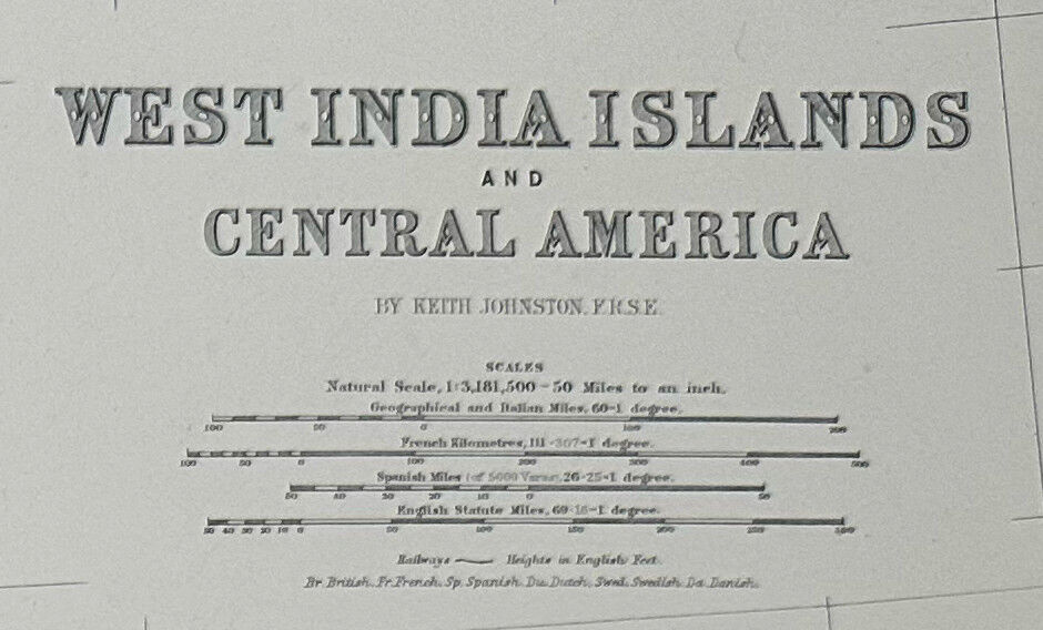 Map of Cuba and The Caribbean Sea circa 1869 Keith Johnston Royal Atlas Hand coloured map