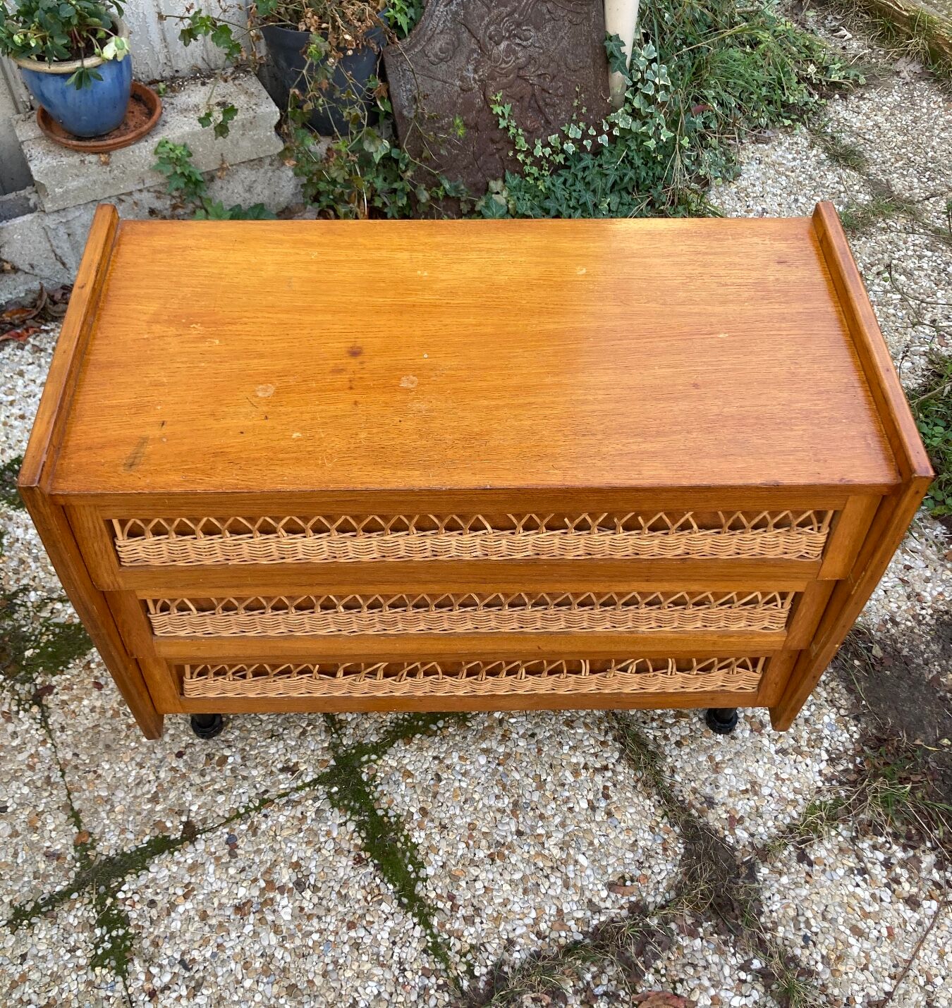 Rattan chest of drawers and vintage wood