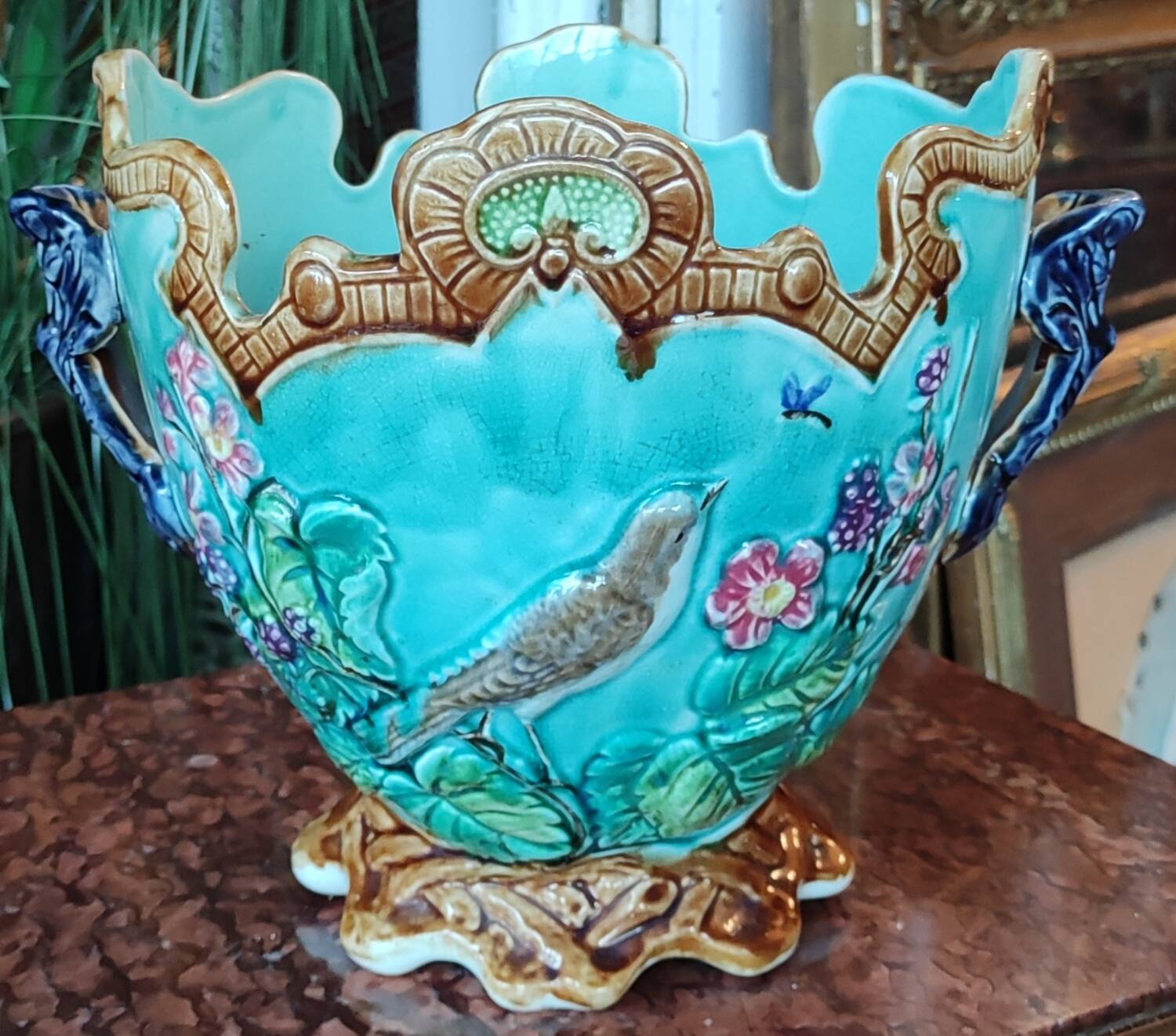 Old Cache Pot Barbotine Decor Warbler Bird Flowers Onnaing