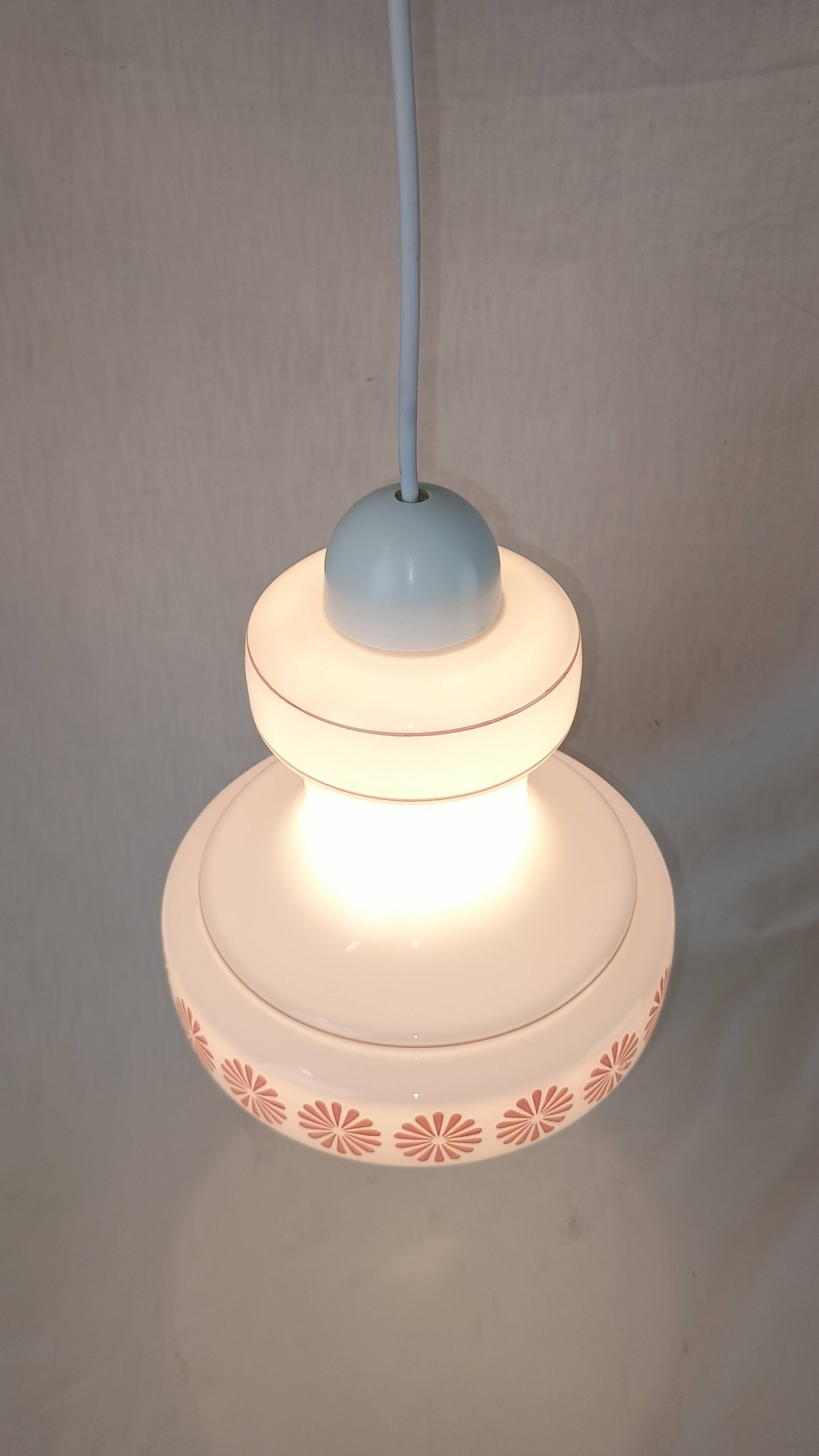 Vintage French pendant light in cream-white glass with pink flowers